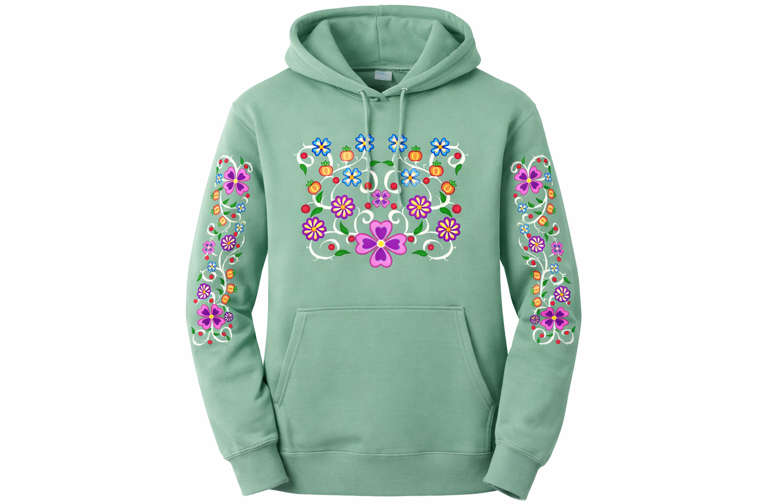 Sage Green Ojibwe Floral Hoodie | Round Lake Traditions