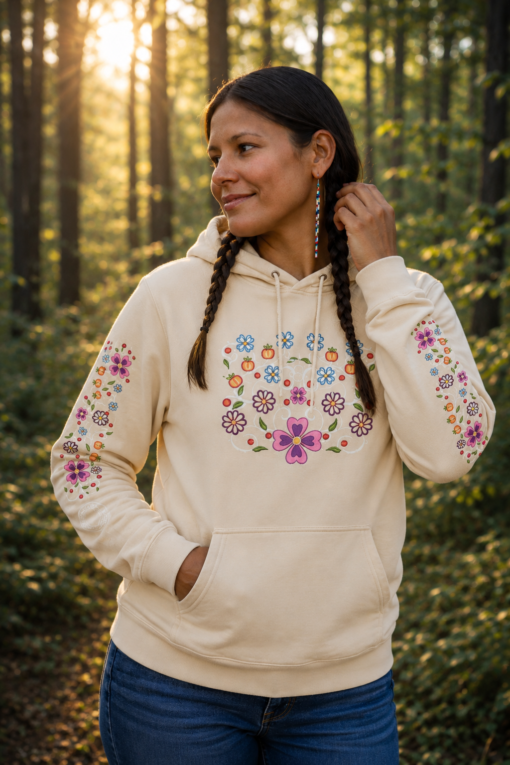 Cream Ojibwe Floral Hoodie | Round Lake Traditions